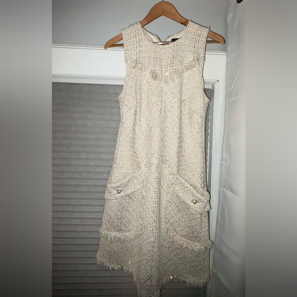 Dresses & Skirts - Cream Tweed Sleeveless Shift Dress with Fringe Trim